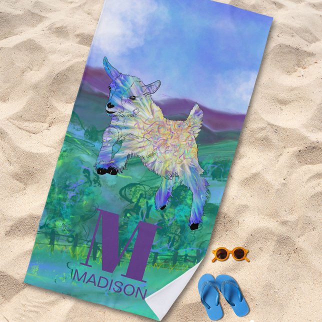 Cute Goat Monogram Beach Towel (Cute jumping baby goat colorful animal art custom monogram beach towel)