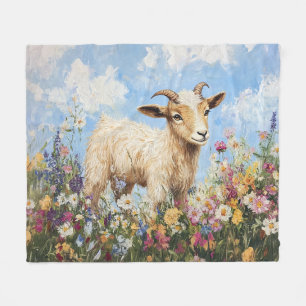 Cute Goat Surrounded By Wildflowers Fleece Blanket