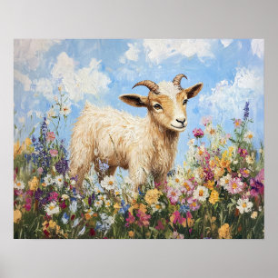 Cute Goat Surrounded By Wildflowers Poster