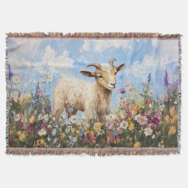 Cute Goat Surrounded By Wildflowers Throw Blanket (Front)