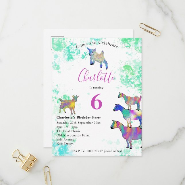 Cute Goats 6th Birthday party Invitation Postcard (Front/Back In Situ)