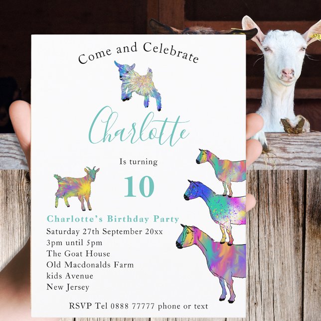 Cute Goats Colourful Animal Art 10th Birthday Part Invitation Postcard (Cute goats colorful animal art 10th birthday party invitation )