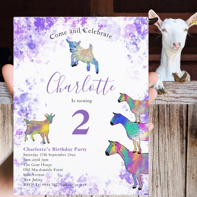 Cute Goats Farm Animal 2nd Birthday Party Invitation Postcard (Cute goats farm animal 2nd birthday party invitation postcard colorful watercolor animal art)