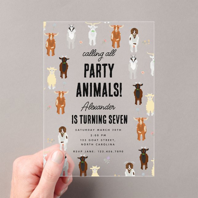 Cute Goats Farm Party Animals Goat Birthday Theme Acrylic Invitations (Insitu (Handheld))