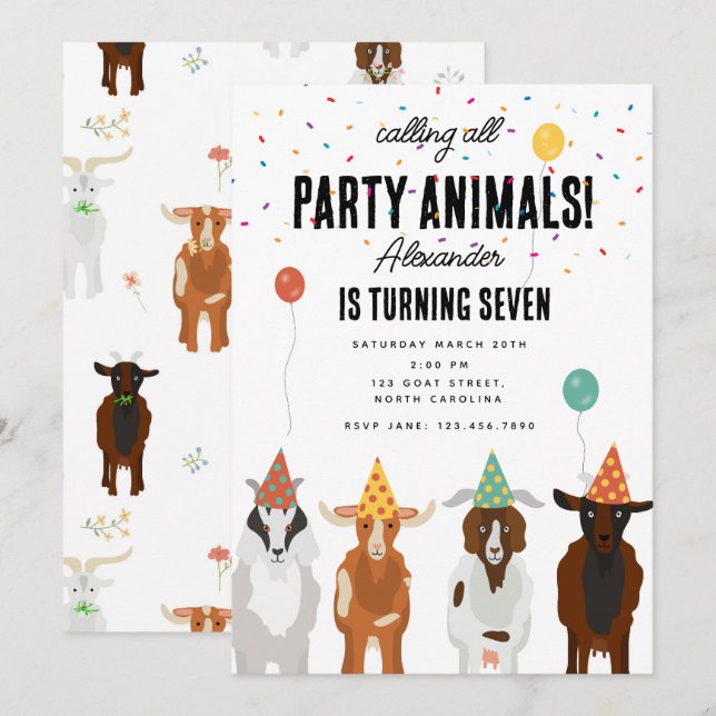 Cute Goats Farm Party Animals Goat Birthday Theme Invitation (Front/Back)