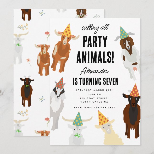 Cute Goats Farm Party Animals Goat Birthday Theme Invitation (Front/Back)