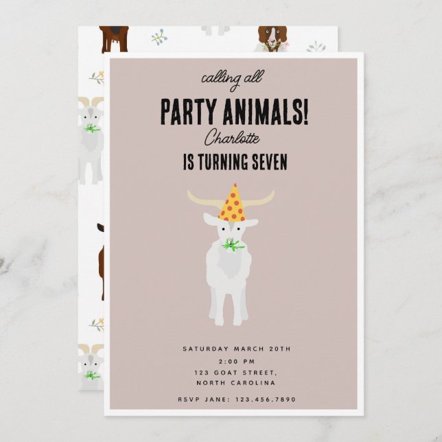 Cute Goats Farm Party Animals Goat Birthday Theme Invitation (Front/Back)