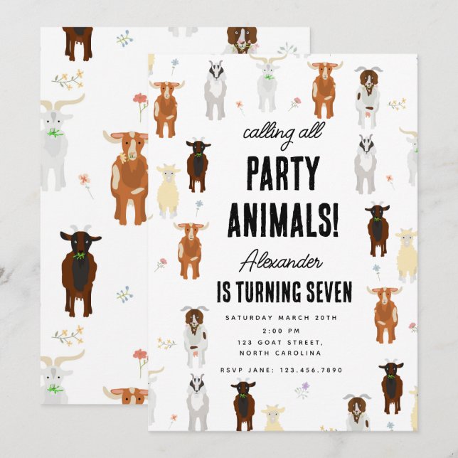 Cute Goats Farm Party Animals Goat Birthday Theme Invitation (Front/Back)