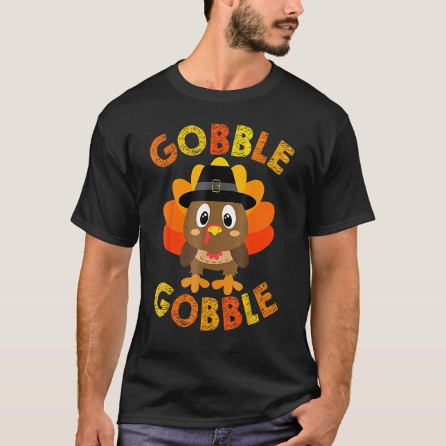 Cute Gobble Gobble Turkey Pilgrim Little Boys Than T-Shirt (Front)