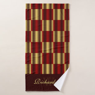 Cute Gold And Burgundy Squares Geometric Pattern Bath Towel Set