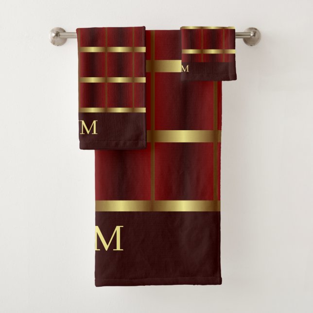 Cute Gold And Burgundy Squares Pattern Bath Towel Set (Insitu)