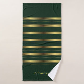 Cute Gold And Emerald Green Stripes Name Bath Towel Set
