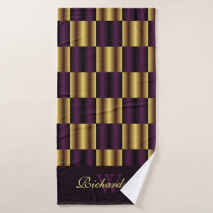 Cute Gold And Purple Squares Geometric Pattern Bath Towel Set
