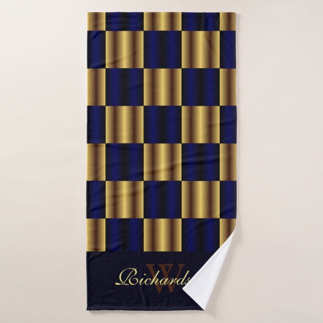 Cute Gold And Royal Blue Squares Geometric Pattern Bath Towel Set (Bath Towel)