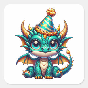 Cute Gold and Teal Dragon Boy's Birthday Party Square Sticker
