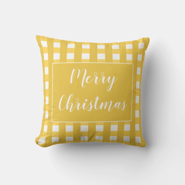 Cute Gold And White Merry Christmas Buffalo Check Cushion (Front)