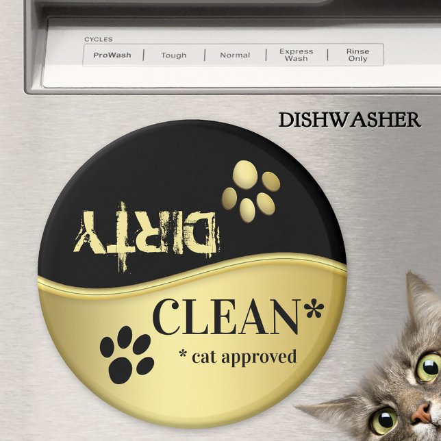 Cute Gold Black Cat Paws Clean Dirty Dishwasher  Magnet (Clean-dirty dishwasher magnet featuring cute cat paws on gold and black.)