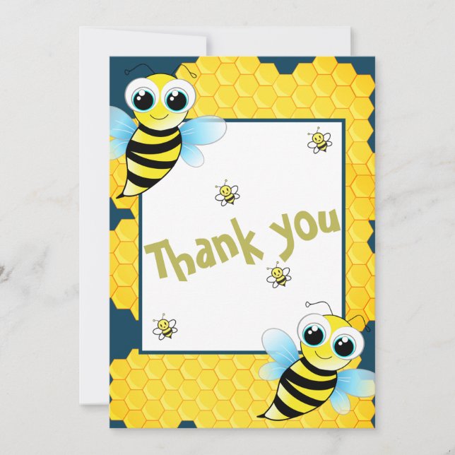 Cute Gold Blue Yellow Bees Baby Shower Thank You Card (Front)