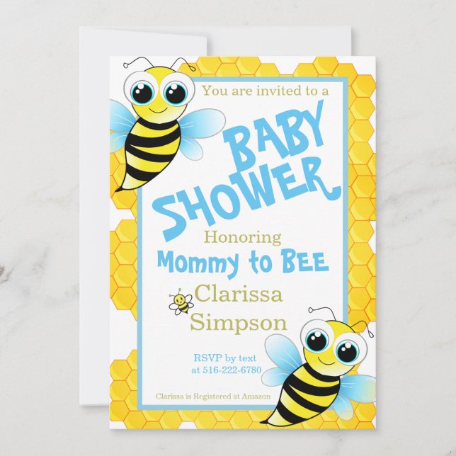 Cute Gold Blue Yellow Mommy To Bee Baby Shower Invitation (Front)