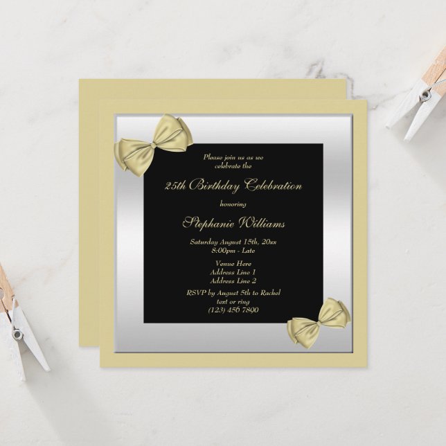 Cute Gold Bows & Silver Framed Birthday   Invitation (Front/Back In Situ)