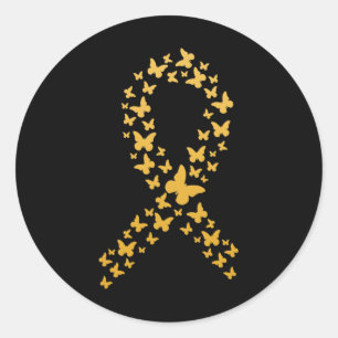 Cute Gold Butterflies Ribbon Childhood Cancer Awar Classic Round Sticker