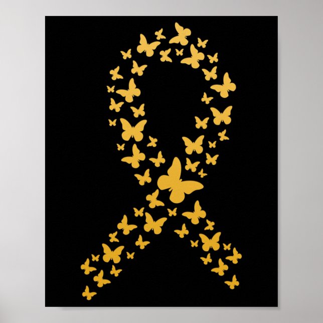 Cute Gold Butterflies Ribbon Childhood Cancer Awar Poster (Front)