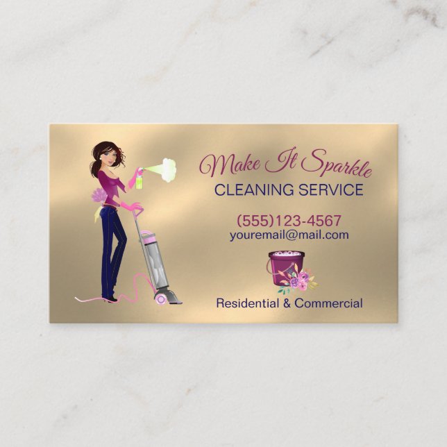 Cute Gold Cartoon Maid Cleaning Services Business Card (Front)