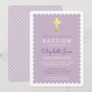 CUTE GOLD CROSS modern baptism scalloped purple Invitation
