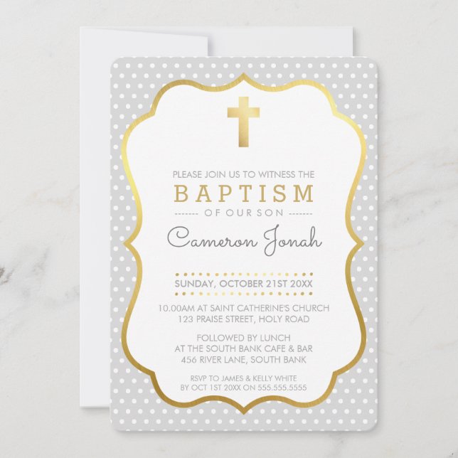CUTE GOLD CROSS pretty baptism fancy polkadot grey Invitation (Front)