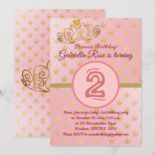 Cute Gold Crowns Girl's Birthday Party Invitation (Front/Back)