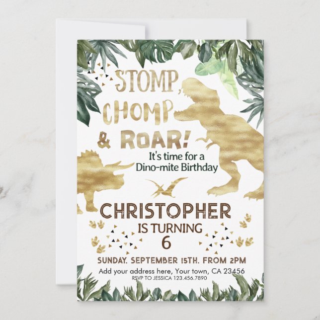 Cute Gold Dinosaur Kids Birthday Dino Trex Invitation (Front)