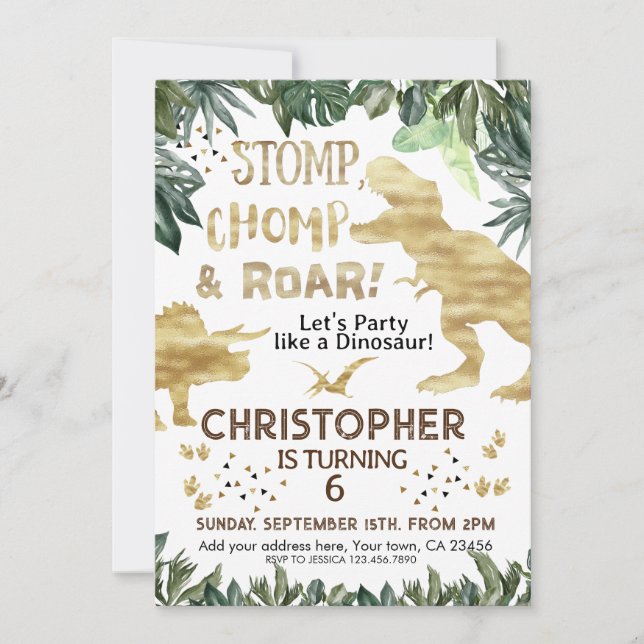 Cute Gold Dinosaur Kids Birthday Dino Trex Invitation (Front)