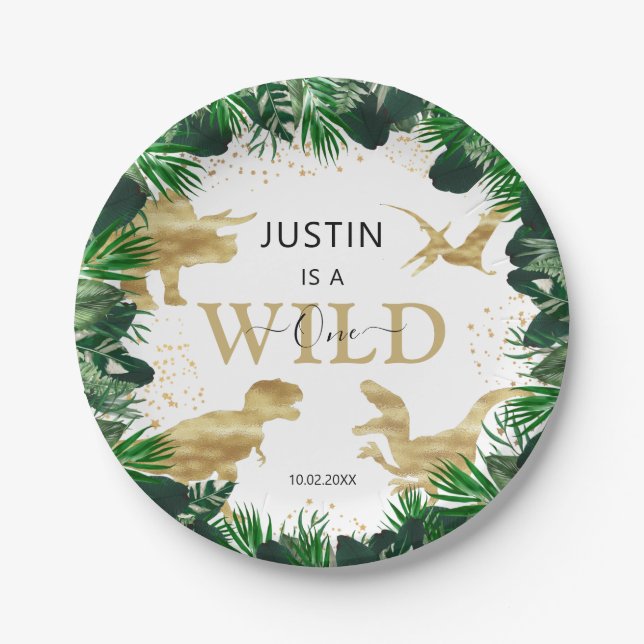 Cute Gold Dinosaur Kids Birthday Dino Trex Paper Plate (Front)