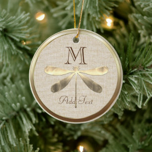 Cute Gold Dragonfly Monogram Ceramic Tree Decoration