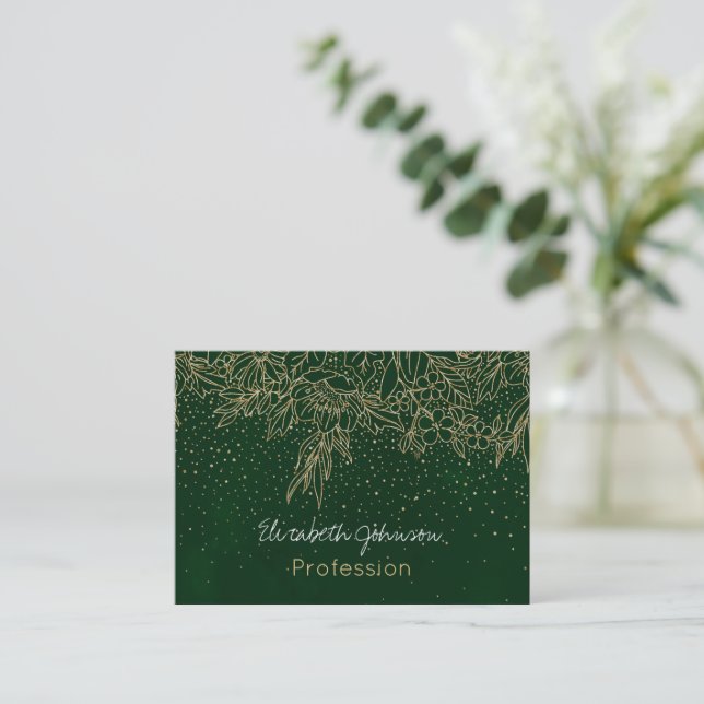 Cute Gold Floral Doodles & confetti Green Design Business Card (Standing Front)