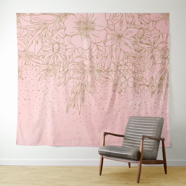 Cute Gold Floral Doodles & confetti Pink Design Ca Tapestry (In Situ (Horizontal))