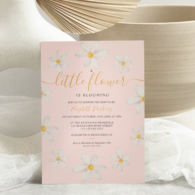 Cute gold flower daisy watercolor baby shower invitation (Creator Uploaded)