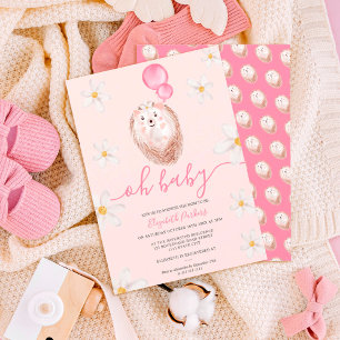 Cute gold flower hedgehog watercolor baby shower invitation