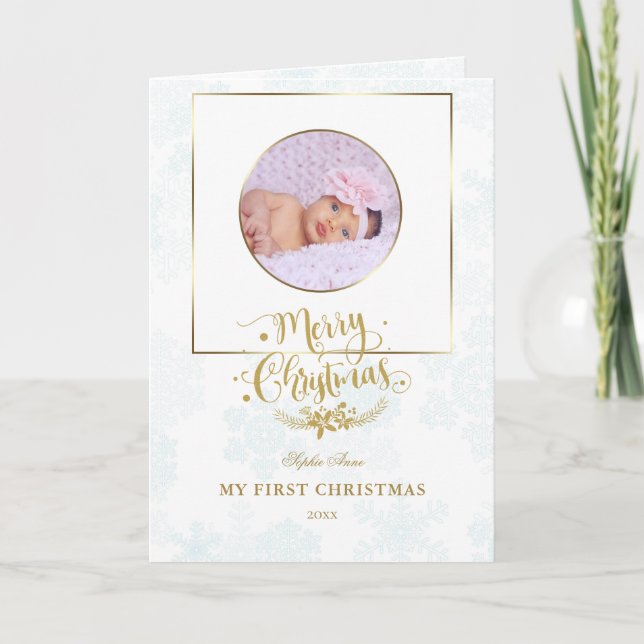 Cute Gold Frame My First Christmas Baby Photo Card (Front)