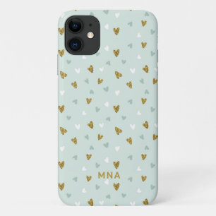 Cute Gold Glitter and Mint Hearts Pattern Monogram iPhone 11 Case