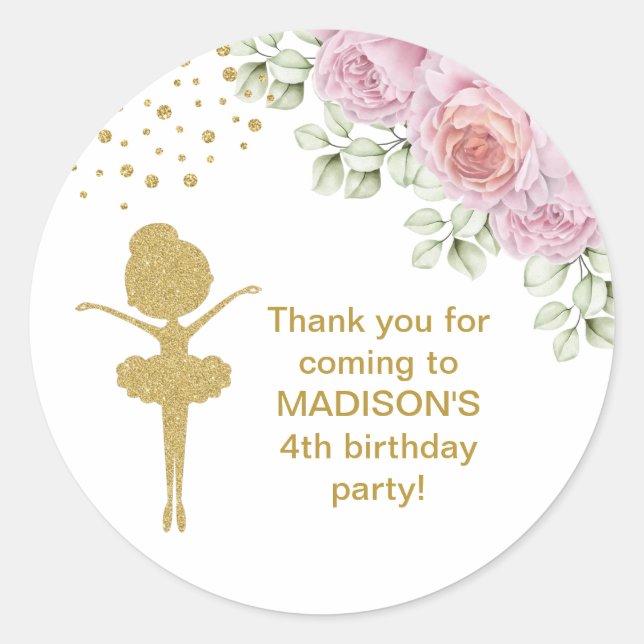 Cute Gold Glitter Ballerina Birthday Stickers (Front)