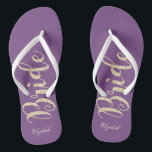 Cute Gold Glitter Bride,Purple  -Personalised Flip Flops<br><div class="desc">Cute gold glittery bride on purple background  with your name. Select the costume button to change the fonts style, colour and size.Any girl would love to have this elegant and stylish design .</div>