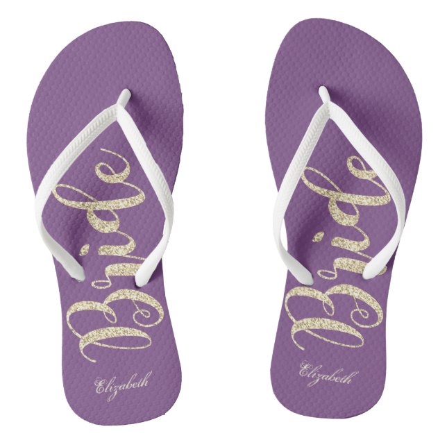 Cute Gold Glitter Bride,Purple  -Personalised Flip Flops (Footbed)