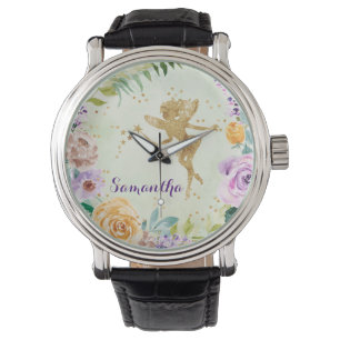 Cute Gold Glitter Fairy with Purple Wild Flowers Watch
