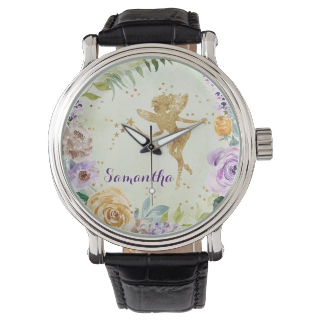 Cute Gold Glitter Fairy with Purple Wild Flowers Watch (Front)