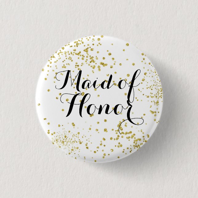 Cute Gold Glitter Maid of Honour Button (Front)