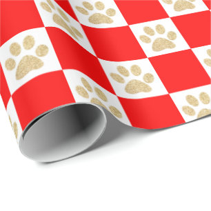 Cute Gold Glitter Paw Print Red Chequered Pattern Wrapping Paper