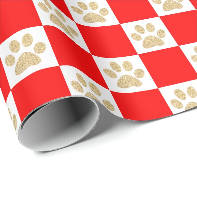 Cute Gold Glitter Paw Print Red Chequered Pattern Wrapping Paper (Roll Corner)
