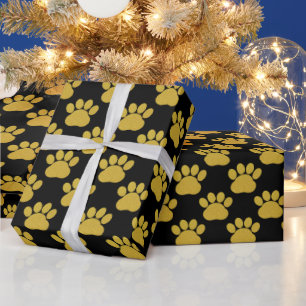 Cute Gold Glitter Paw Prints Pet Lovers Black  Wrapping Paper