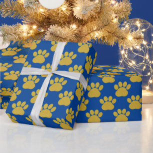 Cute Gold Glitter Paw Prints Pet Lovers Blue Wrapping Paper